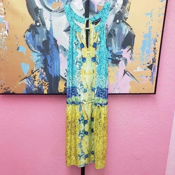 Etcetera Dress Blue and Yellow with Tie Waist - Picture 1 of 5